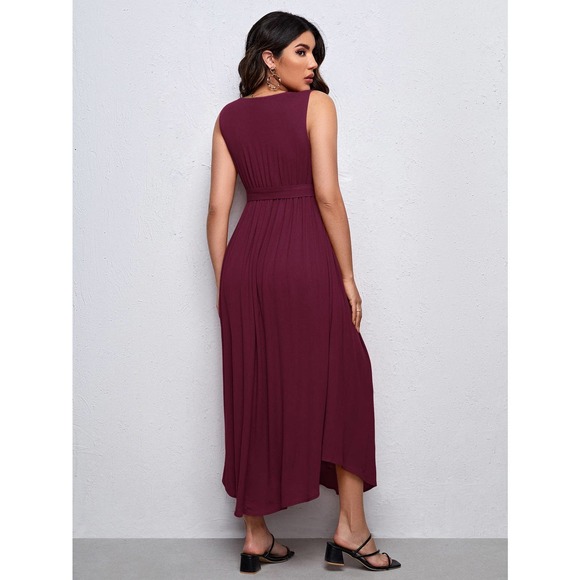 Maternity Solid Split Thigh Belted Dress - Picture 8 of 11